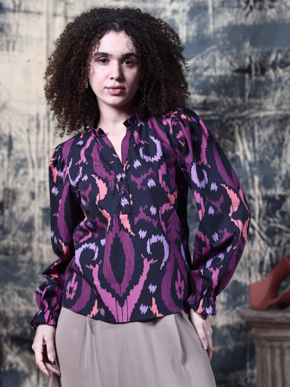 Maude Vivante Arabian Ikat Ashley Top Purple L Boho Popover Long Sleeve Cotton